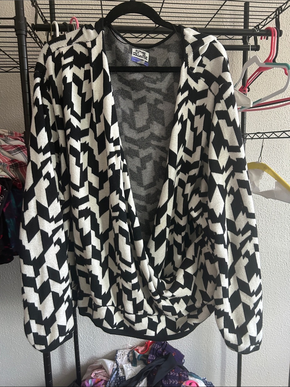 Future Collective Black & White Geometric Open-Front Cardigan
